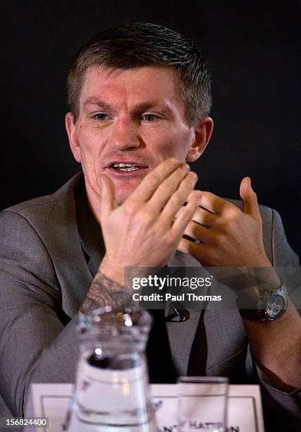 Boxer Ricky Hatton speaks during a media interview at the Manchester Town Hall on November 22, 2012 in Manchester, England. Hatton has his comeback...