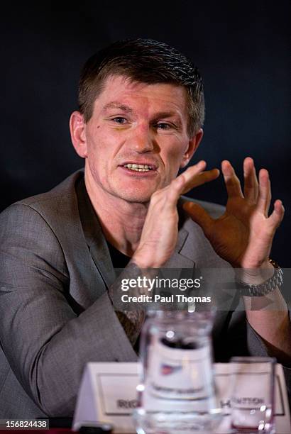 Boxer Ricky Hatton speaks during a media interview at the Manchester Town Hall on November 22, 2012 in Manchester, England. Hatton has his comeback...