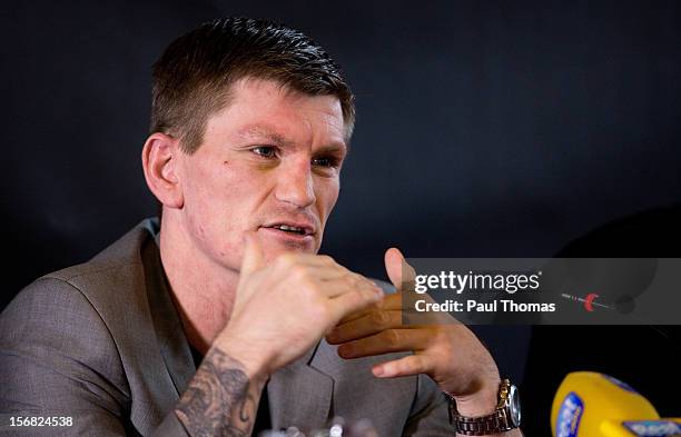 Boxer Ricky Hatton speaks during a media interview at the Manchester Town Hall on November 22, 2012 in Manchester, England. Hatton has his comeback...