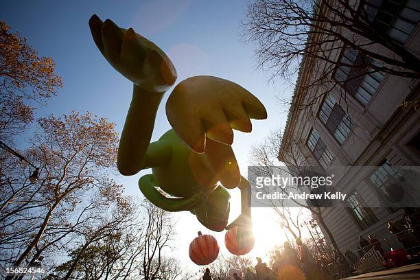 The Kermit the Frog balloon is raised prior to the 86th Annual Macy's Thanksgiving Day Parade November 22, 2012 in New York. Macy's donated tickets...