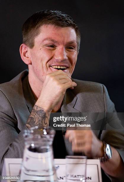 Boxer Ricky Hatton speaks during a media interview at the Manchester Town Hall on November 22, 2012 in Manchester, England. Hatton has his comeback...