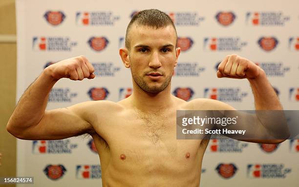 John Joe Nevin of the British Lionhearts during the official weigh in ahead of British Lionhearts v Italia Thunder in the World Series of Boxing on...