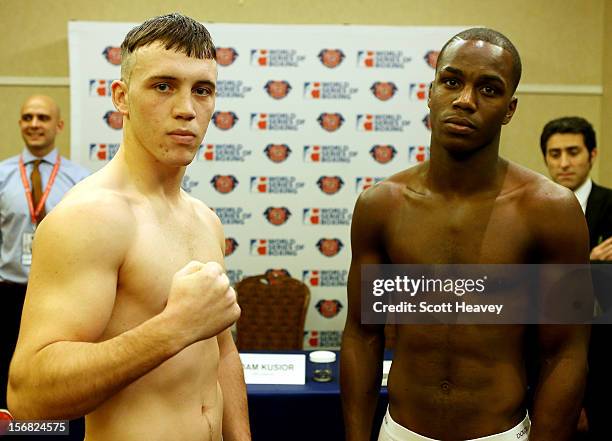 Fred Evans of the British Lioinhearts and Michel Tavares of Italia Thunder during the official weigh in ahead of British Lionhearts v Italia Thunder...