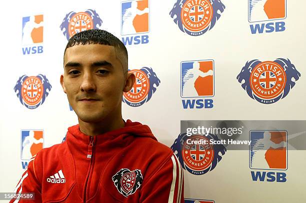 Andrew Selby of the British Lionhearts talks to the press during the official weigh in ahead of British Lionhearts v Italia Thunder in the World...