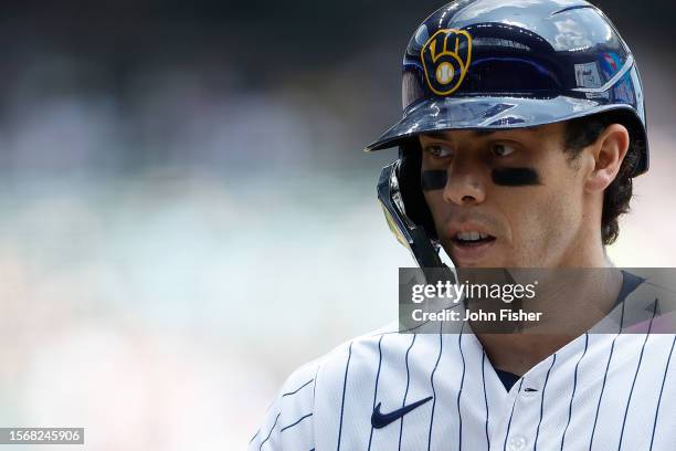 Christian Yelich of the Milwaukee Brewers during the game against the Atlanta Braves at American Family Field on July 23, 2023 in Milwaukee,...