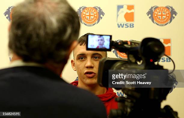 Fred Evans of the British Lionhearts talks to the press during the official weigh in ahead of British Lionhearts v Italia Thunder in the World Series...