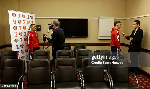 Andrew Selby and Fred Evans of the British Lionhearts talk to the press during the official weigh in ahead of British Lionhearts v Italia Thunder in...