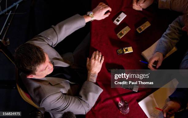 Boxer Ricky Hatton speaks to the media during the Head-to-Head press conference at the Manchester Town Hall on November 22, 2012 in Manchester,...