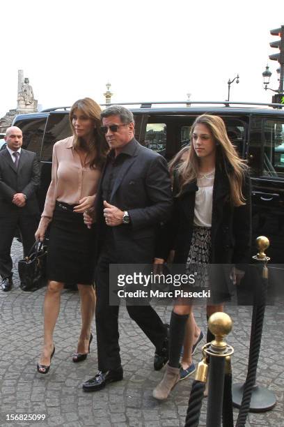 Actor Sylvester Stallone, his wife Jennifer Flavin, his daughters Scarlet Rose and Sisitine Rose are sighted at the 'Hotel de Crillon' on November...