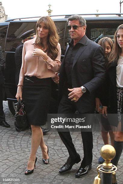 Actor Sylvester Stallone, his wife Jennifer Flavin, his daughters Scarlet Rose and Sisitine Rose are sighted at the 'Hotel de Crillon' on November...