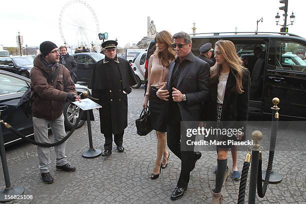 Actor Sylvester Stallone, his wife Jennifer Flavin, his daughters Scarlet Rose and Sisitine Rose are sighted at the 'Hotel de Crillon' on November...