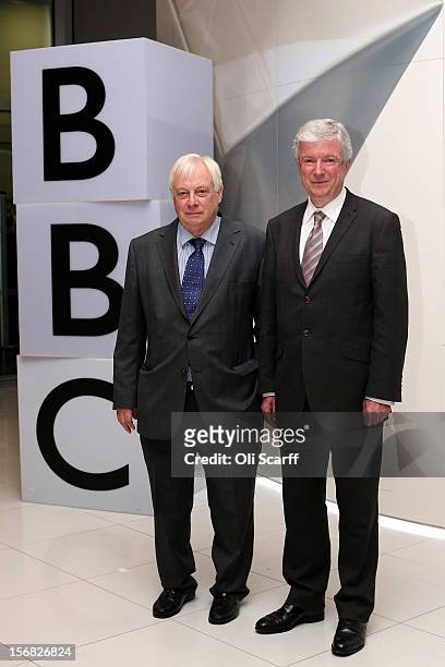 New BBC Director General Lord Hall poses with BBC Trust chairman Lord Patten in Broadcasting House on November 22, 2012 in London, England. Lord Hall...