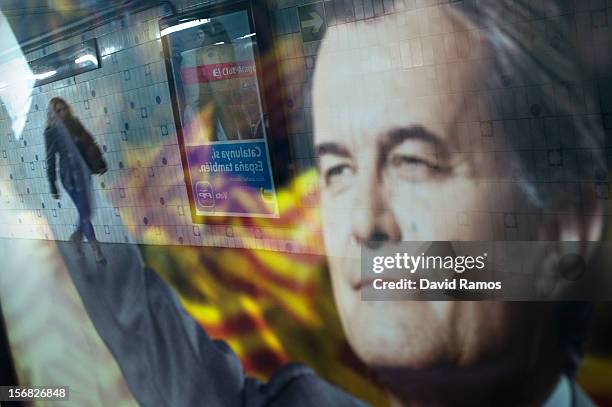 Right-wing and Anti-separatist Popular Party of Catalonia President Alicia Sanchez Camacho poster that it reads 'Catalonia Yes, Spain too' is seen...