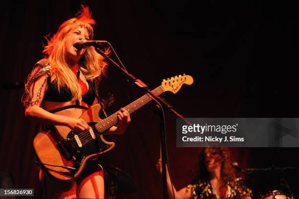 Lindsey Troy and Julie Edwards of Deap Vally perform on stage as support band for The Vaccines at Alexandra Palace on November 17, 2012 in London,...