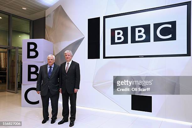 New BBC Director General Lord Hall poses with BBC Trust chairman Lord Patten in Broadcasting House on November 22, 2012 in London, England. Lord Hall...