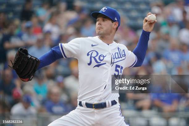 Cole Ragans of the Kansas City Royals throws in the first inning in game two of a doubleheader against the Tampa Bay Rays at Kauffman Stadium on July...