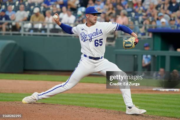 Dylan Coleman of the Kansas City Royals throws in game two of a doubleheader against the Tampa Bay Rays at Kauffman Stadium on July 15, 2023 in...
