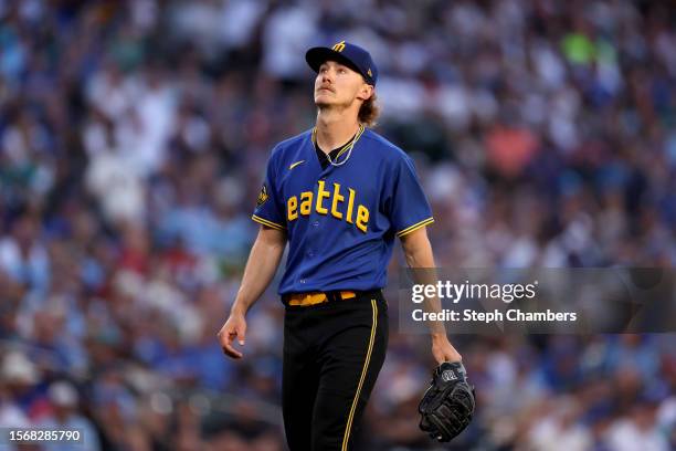 Bryce Miller of the Seattle Mariners reacts against the Toronto Blue Jays at T-Mobile Park on July 21, 2023 in Seattle, Washington.