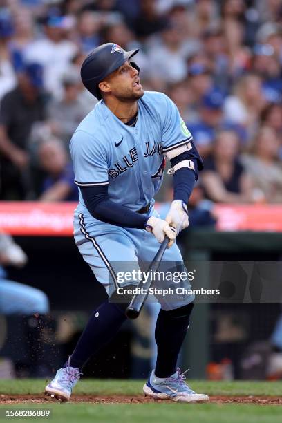 George Springer of the Toronto Blue Jays at bat against the Seattle Mariners at T-Mobile Park on July 21, 2023 in Seattle, Washington.