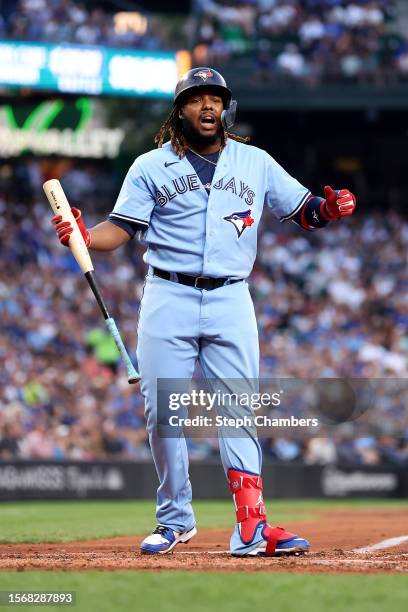 Vladimir Guerrero Jr. #27 of the Toronto Blue Jays at bat against the Seattle Mariners at T-Mobile Park on July 21, 2023 in Seattle, Washington.