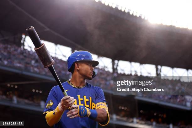 Julio Rodriguez of the Seattle Mariners stands on deck against the Toronto Blue Jays at T-Mobile Park on July 21, 2023 in Seattle, Washington.