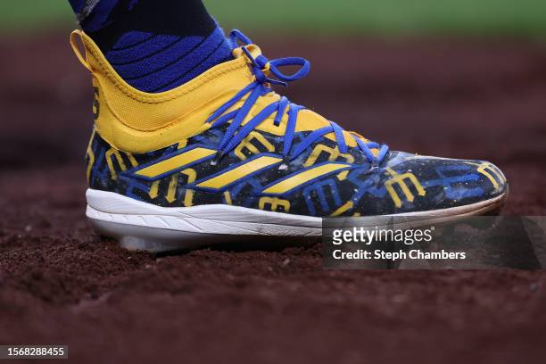 The cleats of Teoscar Hernandez of the Seattle Mariners are seen during the game against the Toronto Blue Jays at T-Mobile Park on July 21, 2023 in...