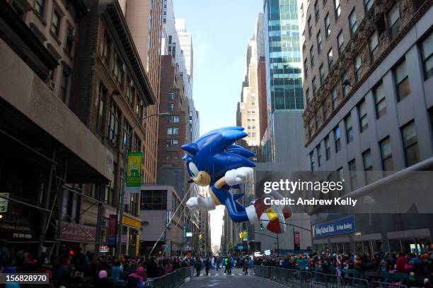 The Sonic the Hedgehog balloon makes its way down Sixth Avenue during the 86th Annual Macy's Thanksgiving Day Parade on November 22, 2012 in New York...