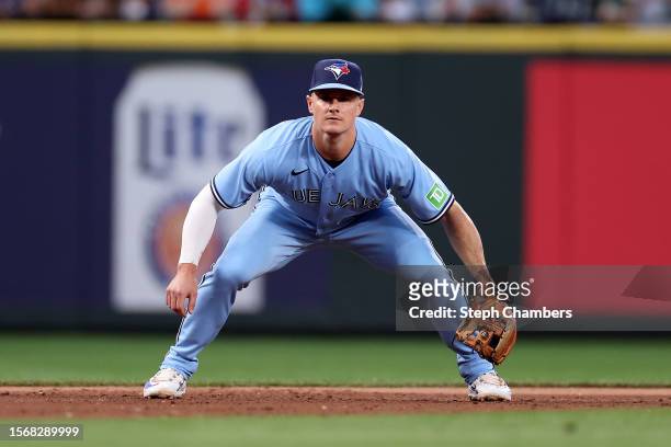 Matt Chapman of the Toronto Blue Jays in action against the Seattle Mariners at T-Mobile Park on July 21, 2023 in Seattle, Washington.