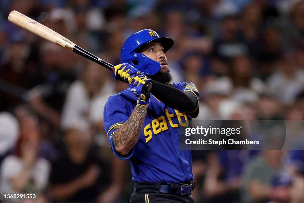 Crawford of the Seattle Mariners at bat against the Toronto Blue Jays at T-Mobile Park on July 21, 2023 in Seattle, Washington.