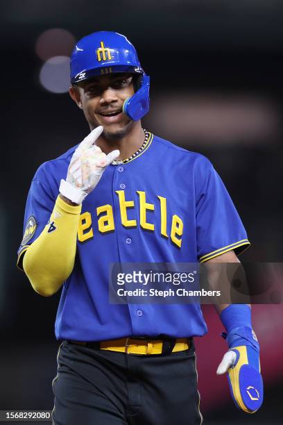 Julio Rodriguez of the Seattle Mariners reacts against the Toronto Blue Jays at T-Mobile Park on July 21, 2023 in Seattle, Washington.