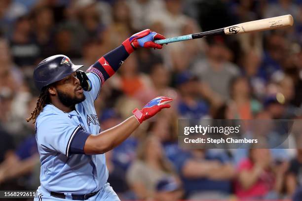 Vladimir Guerrero Jr. #27 of the Toronto Blue Jays at bat against the Seattle Mariners at T-Mobile Park on July 21, 2023 in Seattle, Washington.