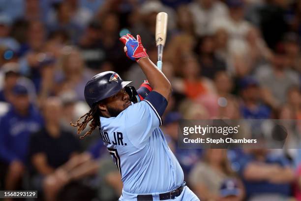 Vladimir Guerrero Jr. #27 of the Toronto Blue Jays at bat against the Seattle Mariners at T-Mobile Park on July 21, 2023 in Seattle, Washington.