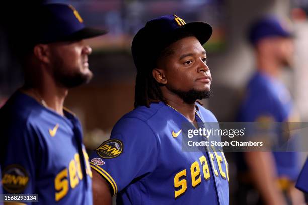 Prelander Berroa of the Seattle Mariners reacts in his MLB debut against the Toronto Blue Jays at T-Mobile Park on July 21, 2023 in Seattle,...