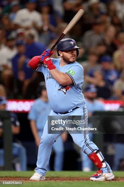 Alejandro Kirk of the Toronto Blue Jays at bat against the Seattle Mariners at T-Mobile Park on July 21, 2023 in Seattle, Washington.