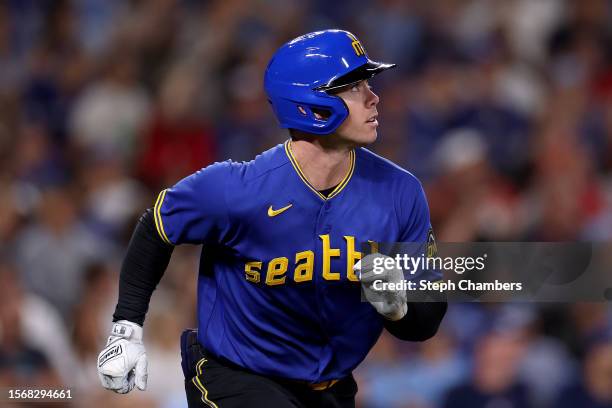 Cade Marlowe of the Seattle Mariners runs to first base against the Toronto Blue Jays at T-Mobile Park on July 21, 2023 in Seattle, Washington.