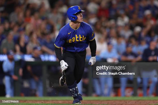 Cade Marlowe of the Seattle Mariners runs to first base against the Toronto Blue Jays at T-Mobile Park on July 21, 2023 in Seattle, Washington.