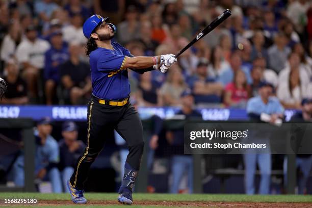 Eugenio Suarez of the Seattle Mariners at bat against the Toronto Blue Jays at T-Mobile Park on July 21, 2023 in Seattle, Washington.