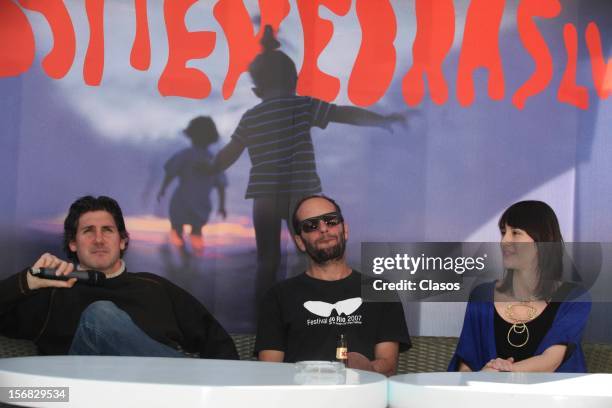 Adolfo Jimenez, Carlos Reygadas and Nathalia Acevedo pose during a press conference of the movie Post Tenebras Lux on November 20, 2012 in Mexico...