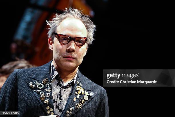 Ulrich Hoppe performs on stage during rehearsals for 'The Black Rider' at Schaubuehne am Lehniner Platz Berlin on November 22, 2012 in Berlin,...