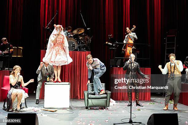 Jule Boewe , Tilman Strauss, Lucy Wirth, Franz Hartwig, Ulrich Hoppe and Sebastian Nakajew perform on stage during rehearsals for 'The Black Rider'...