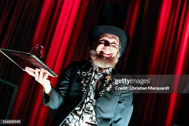 Ulrich Hoppe performs on stage during rehearsals for 'The Black Rider' at Schaubuehne am Lehniner Platz Berlin on November 22, 2012 in Berlin,...