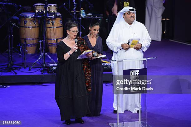 Hala Al Abdalla, Shirin Neshat and Hafiz Ali Ali attend the Awards Ceremony at the Al Rayyan Theatre during the 2012 Doha Tribeca Film Festival on...