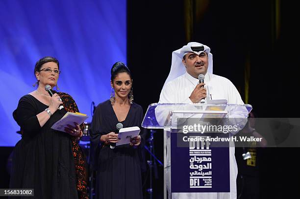 Hala Al Abdalla, Shirin Neshat and Hafiz Ali Ali attend the Awards Ceremony at the Al Rayyan Theatre during the 2012 Doha Tribeca Film Festival on...