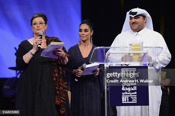 Hala Al Abdalla, Shirin Neshat and Hafiz Ali Ali attend the Awards Ceremony at the Al Rayyan Theatre during the 2012 Doha Tribeca Film Festival on...