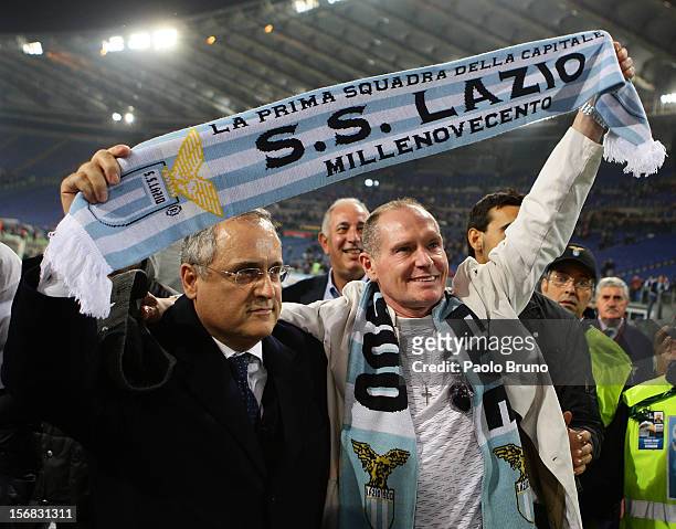 Lazio president Claudio Lotito and former player Paul Gascoigne greet S.S. Lazio fans during the UEFA Europa League Group J match between S.S. Lazio...