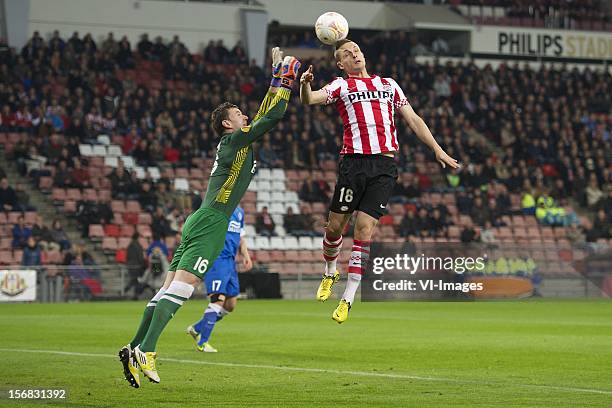 Goalkeeper Jan Lastuvka of FC Dnipro Dnipropetrovsk, Timothy Derijck of PSV during the Europa League match between PSV Eindhoven and Dnipro...