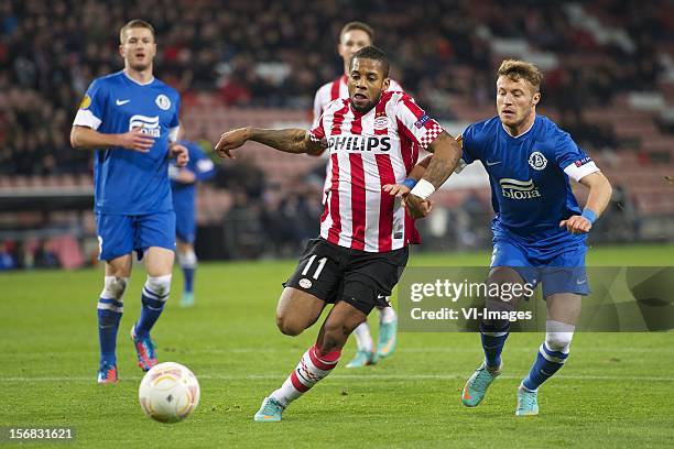 Ondrej Mazuch of FC Dnipro Dnipropetrovsk, Tim Matavz of PSV, Jeremain Lens of PSV, Vitaliy Mandzyuk of FC Dnipro Dnipropetrovsk during the Europa...