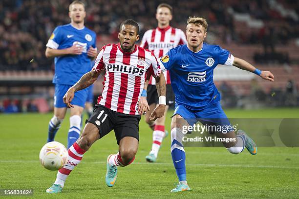 Ondrej Mazuch of FC Dnipro Dnipropetrovsk, Tim Matavz of PSV, Jeremain Lens of PSV, Vitaliy Mandzyuk of FC Dnipro Dnipropetrovsk during the Europa...