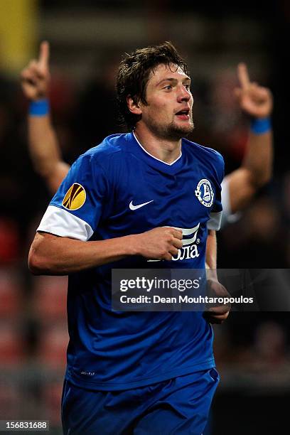 Yevhen Seleznyov of Dnipro celebrates scoring his teams first goal of the game during the UEFA Europa League Group F match between PSV Eindhoven and...