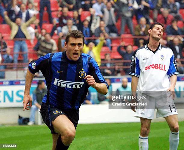 Cristian Vieri of Inter Milan celebrating his goal during the Serie A 29th Round League match between Inter Milan and Atalanta played at the San Siro...